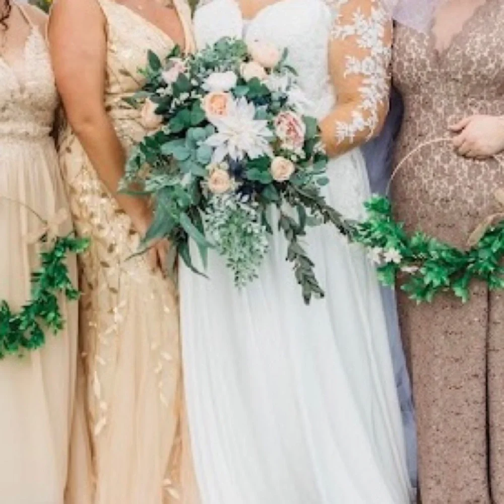 Silk Wedding Bouquet- Neutral tones, 2 different Eucalyptus and Navy accent